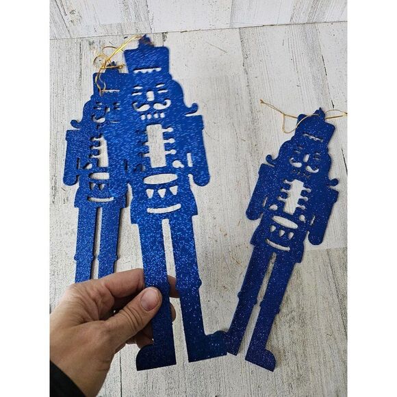 Large blue glitter nutcracker ornament soldier vintage Xmas set - Picture 4 of 7